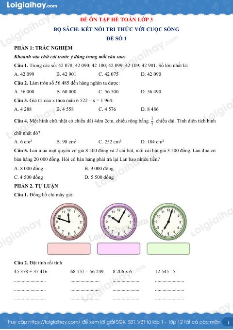 Đề ôn hè Toán 3 lên 4 có lời giải chi tiết - Đề 1